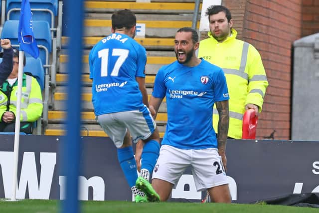 Ollie Banks celebrates his goal in Chesterfield's win against Bromley.