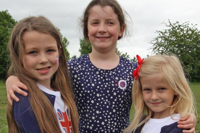 Duckmanton Primary pupils Kaysie Chadburn, Katherine Barlow and Kennidee Chadburn in red, white and blue for the Jubilee celebrations