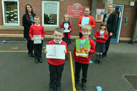 Pupils and staff at Barlborough Primary School are celebrating after receiving a prestigious Artsmark Award. Pupils from Years 1-6 showcase their artwork with Miss Ward and headteacher Mrs Towndrow-Birds.