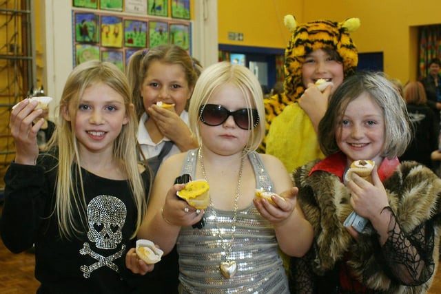 Paige Roose as Britney Spears, Jodie Shirt as Tigger, Gracie Muse as Avril Lavigne, Lauren Naylor as Victoria Beckham and Katie Chatfield as Cruella DeVil at a fundraising day for Children in Need in Bakewell Methodist Junior School in 2007.