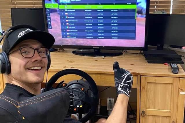 Chesterfield driver Rhys Yates practising on his simulator at home in preparation for the virtual rally.
