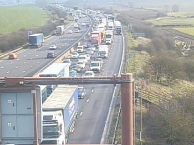 Drivers are warned of delays of up to one hour following an accident on M1 in Derbyshire.