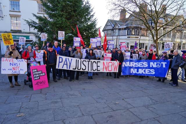 NHS campaigners, health workers, trade unionists and Chesterfield residents gathered in New Square at noon today to show support and solidarity with nursing staff as  temperatures in Chesterfield reached only 4 Celsius degrees at the warmest part of the day.