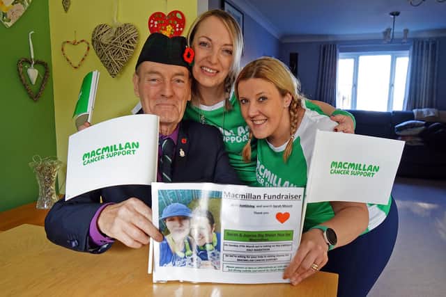 Ian Gordon, who has terminal lung cancer, with  his daughter Sarah Mount and her friend Jayne Hill. Sarah and Jayne are running the Cardiff half-marathon in aid of Macmillan Cancer Support.