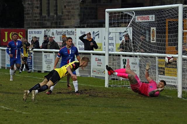 Belper's Josh Woodcock sees a first-half chance go begging against Chasetown. Photo: Mike Smith.