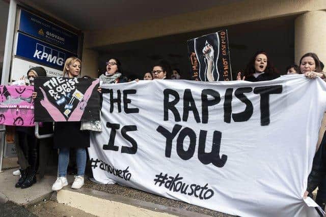 Women's rights activists stage a protest in support of a Derbyshire teenager accused of falsely claiming she was raped by Israeli tourists, during her trial at the Famagusta District Court in Paralimni in eastern Cyprus, on December 30, 2019 (Picture: Getty)