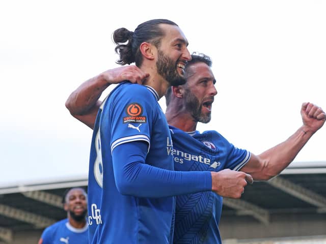 Will Grigg and Ollie Banks celebrate. Picture: Tina Jenner.