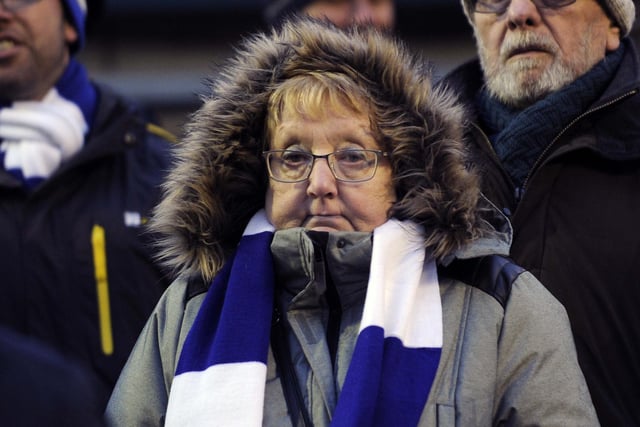 A Wednesday supporter wraps up warm at Carlisle United's Brunton Park during her side's FA Cup third round tie in January 2018.