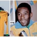 Charles Hanson, owner of Hansons Auctioneers with the shirt prepared for Pele, right (photos: Mark Laban/Hansons Auctioneers and Getty Images)