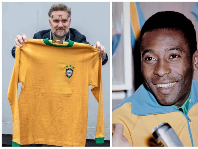 Charles Hanson, owner of Hansons Auctioneers with the shirt prepared for Pele, right (photos: Mark Laban/Hansons Auctioneers and Getty Images)