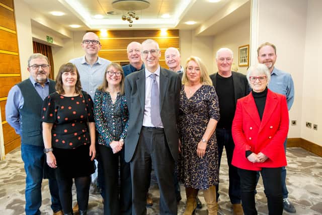 John Walker, Anita Purslove, Andy Irvine, Dawn Sharman, Paul Beeson, Andrew Heelin, Rob Mellor, Sue Saxon, Ady Howard, Linda Seaston and Howard Freeman at retirement lunch at CASA Hotel.  There are 348 years of combined experience working at Shorts in this image