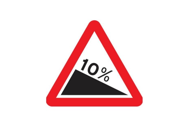 A. Reduce speed by 10 per cent
B. Steep hill downwards
C. Uneven road
D. Road is 10 per cent underwater
