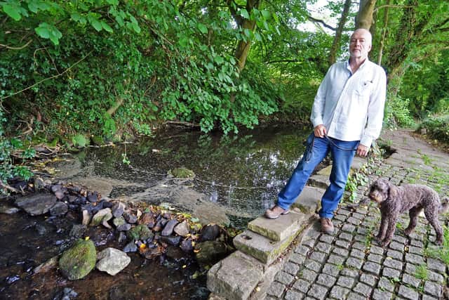 Mick Philbin with his dog next to the polluted river Amber at Ashover