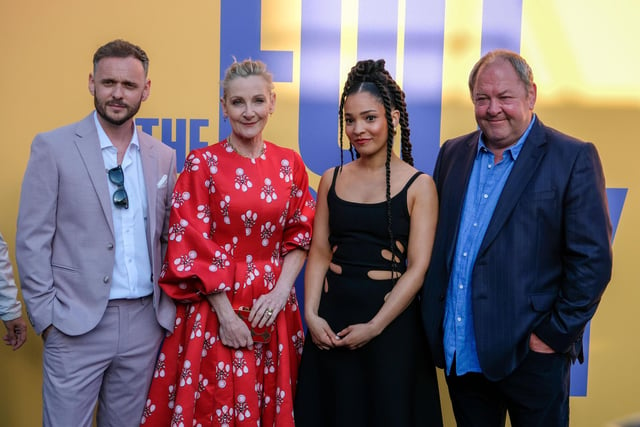 It's taken 26 years but the gang are finally back together for The Full Monty Disney+ TV sequel. Pictured here outside The Leadmill ahead of the premiere in Sheffield are Wim Snape (Nathan), Lesley Sharp (Jean), Talitha Wing (Destiny Schofield) and Mark Addy (Dave).