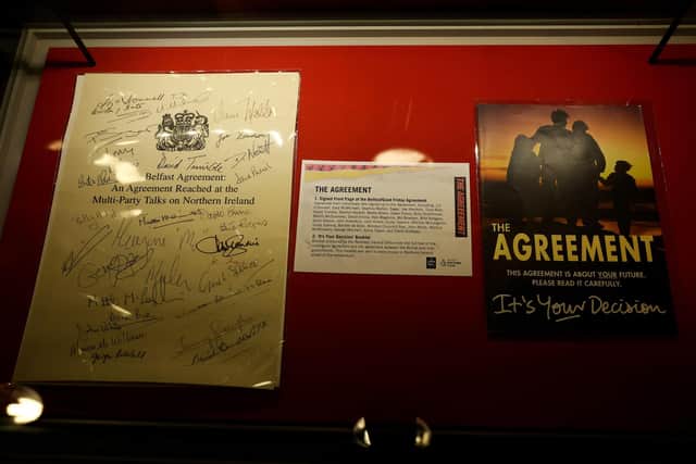 A copy of the Good Friday agreement pictured in the Linen Hall Library in Belfast City Centre.