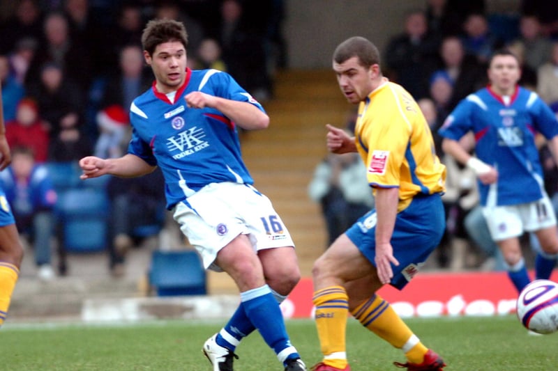Jamie Winter passes the ball. The Scottish player signed for Spireites on 20 July 2007 and played 47 times for the club until the end of June 2009.