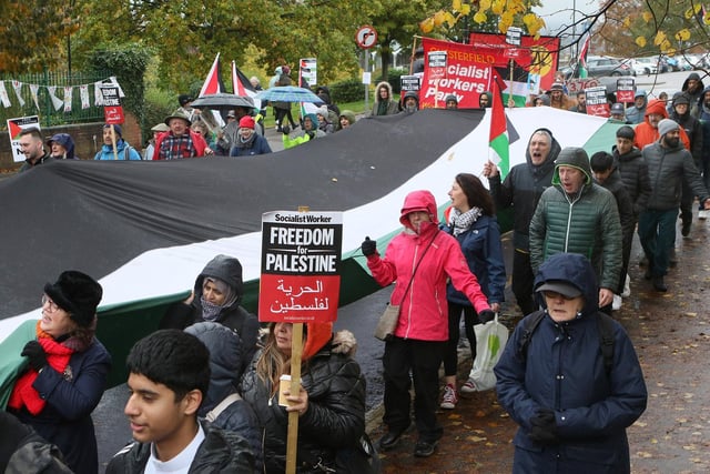 Protesters rallied demanding immediate ceasefire in Gaza. The crowd waved Palestinian flags, carried posters and chanted slogans during the march which took place alongside similar events across the UK and elsewhere in the world.