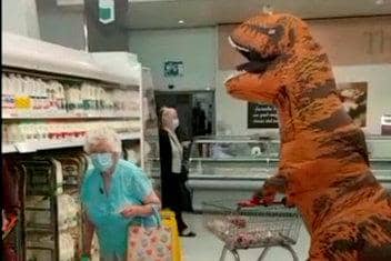 Samuel Hutchison donned a dinosaur costume to take his grandmother Mary shopping