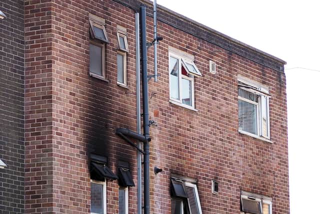 Smoke damage to the flat where a young woman sadly died in Chesterfield.