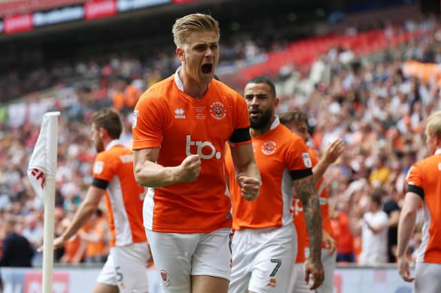 LONDON, ENGLAND - MAY 28:  Brad Potts of Blackpool celebrates scoring his sides first goal during the Sky Bet League Two Playoff Final between Blackpool and Exeter City at Wembley Stadium on May 28, 2017 in London, England.  (Photo by Barrington Coombs/Getty Images)