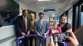 Minister for Health Innovation James Frith MP cuts the ribbon alongside Toby Perkins MP, Steve Ward (Project Manager, DCHS), Jackie Smith (CRH Chair), and Jen Leah (DCHS Chief Finance Officer)