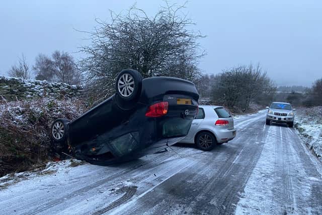 A car overturned after a crash on an icy road in Beeley this morning (January 8).