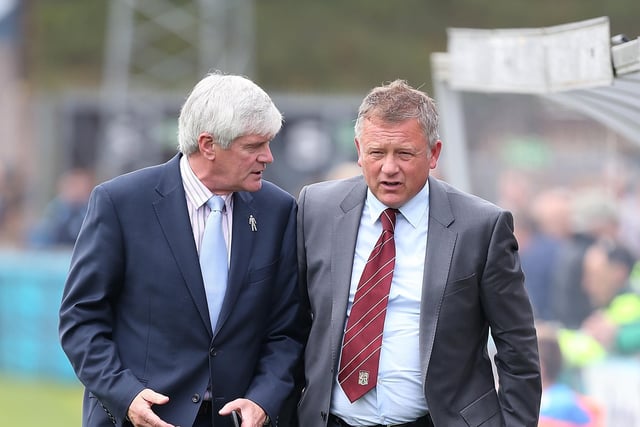 League Managers Association Technical manager John Duncan talks to Northampton Town manager Chris Wilder prior to the Sky Bet League Two match between Wycombe Wanderers and Northampton Town on October 3, 2015.