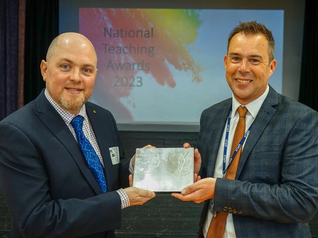 There are 3,436 Shaw’s across Derbyshire, making it the county’s 17th most common surname. The surname may be topographic for someone who lived in or by a small wood. Pictured here is Dave Shaw, headteacher at Spire Junior School, being presented with headteacher of the year award by Richard Mapley from Hayes.