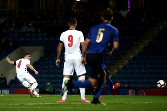 Lewis Bate, of Leeds United, equalised for England against Italy at the Technique Stadium. (Photo by George Wood/Getty Images).