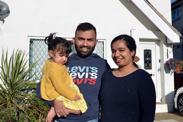 Sreekanth Balachandran is trying to sell his Bolsover home by raffle. Sreekanth, Surya and Malavika.