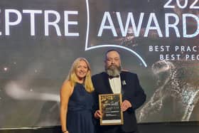Shaun Brown with his award at the Sceptre Awards and Caroline Main
