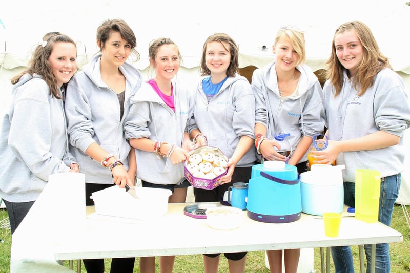 Becky Rimmer, Georgia Wain, Nicky Rimmer, Courtney Andrews, Katie Doull and Molly Reeve of 2nd Matlock guides prepare squash and cakes at the Peak 2010 International Scout and Guide Camp at Chatsworth House.