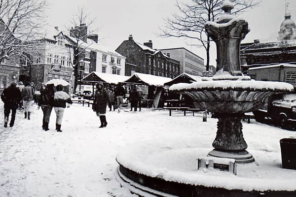 New Square in Chesterfield town centre, seen here during a snow storm in 1987.