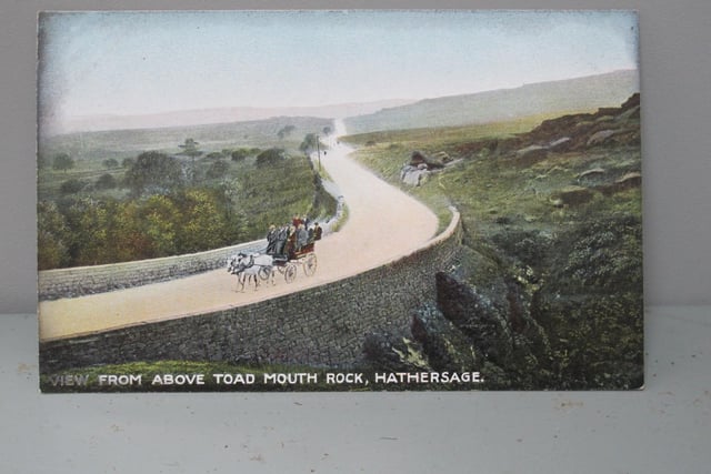 A historic scene on this postcard depicts the view from above Toad's Mouth Rock.
