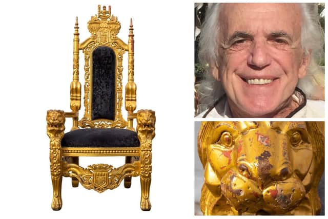 The black velvet and gold throne, owned by Pete Stringfellow (pictured), bears the markings of his rings on the lion's head.
