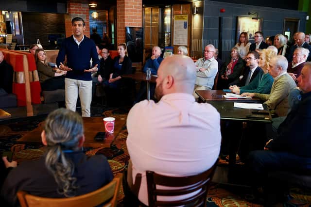 Prime Minister Rishi Sunak speaks as he attends a Q&A at The Queens Hotel, a JD Wetherspoon pub on March 7, 2024 in Maltby, Rotherham. (Photo by Carl Recine-WPA Pool/Getty Images)