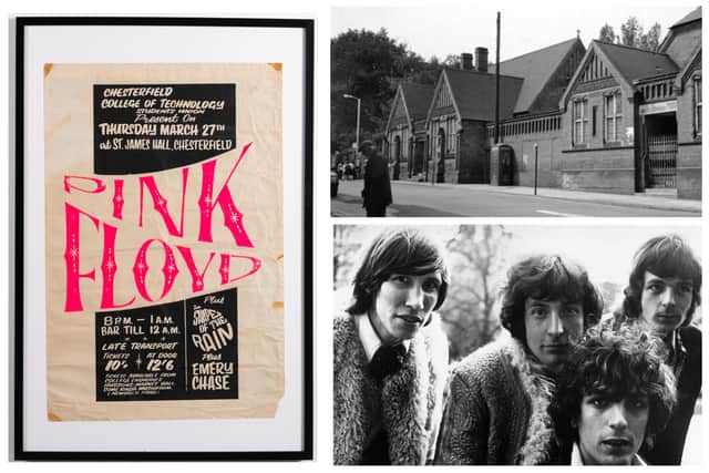 Up for auction at Bonhams is the rare poster advertising the gig at Chesterfield's St James Hall (hall photo: John Stanley). Pink Floyd are pictured in 1967 in the year before they came to Chesterfield and when they still had Syd Barrett in the line-up (photo: Keystone Features/Getty Images).