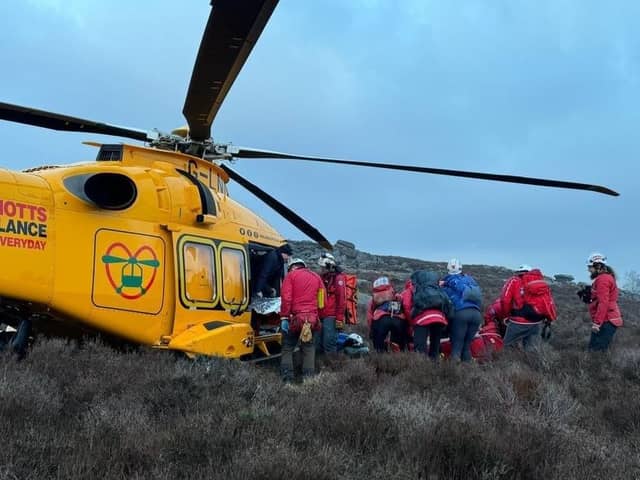 The casualty was airlifted to hospital after their fall. Credit: Edale Mountain Rescue Team