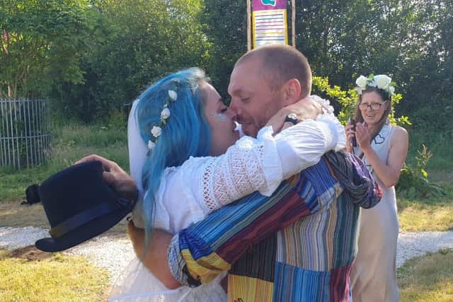 The couple went on to have an unplanned humanist wedding ceremony at the Stone Circle after meeting a wedding officiator by chance at the festival.
