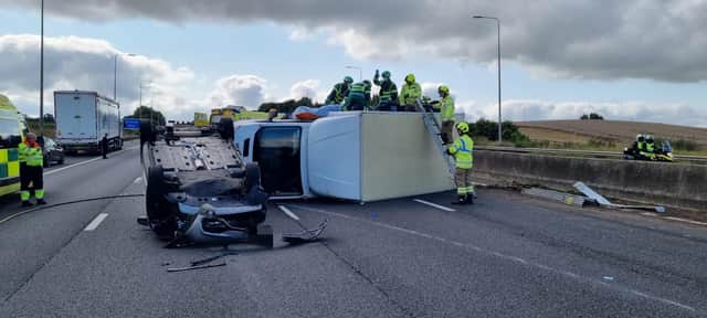 Derbyshire RPU released these pictures of the crash on the M1 yesterday which left a car on its roof and a van on its side