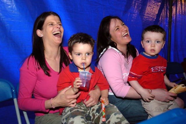 The National Festival Circus came to Totley Primary School in 2005. Sisters-in-law Lisa and Clare Sharp obviously more impressed with the circus than their 3 year old sons. Left to right, Lisa Sharp, Niall Sharp, aged three, Clare Sharp and Joshua Sharp , also aged three
