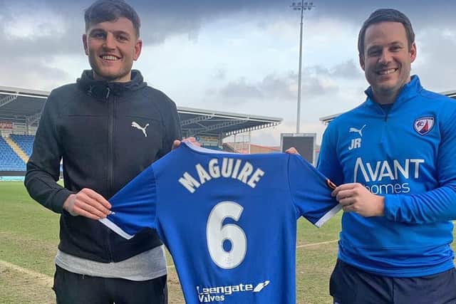 Laurence Maguire, pictured with manager James Rowe, has signed a new contract at the Spireites. Picture: Chesterfield FC.