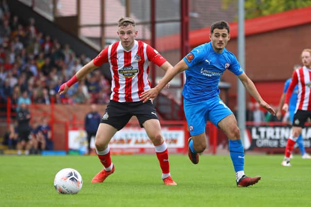 Armando Dobra was forced off injured against Altrincham. Picture: Tina Jenner.