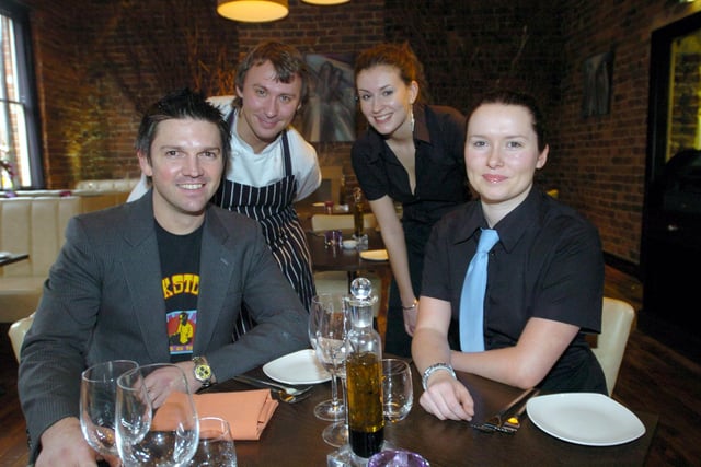 Manager Tony Culpitt, head chef Christian Szurko waitress Katie Edwards and supervisor Lesley Mortimer-Wallace in the restaurant at the Crystal Bar, Carver Street in 2005