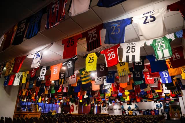 Some of the hundreds of football shirts sent in as a memorial to Jordan after his death