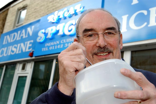Peter Shiel eating a curry outside the Royal Spice Restaurant, South Road, Walkley, Sheffield in 2004