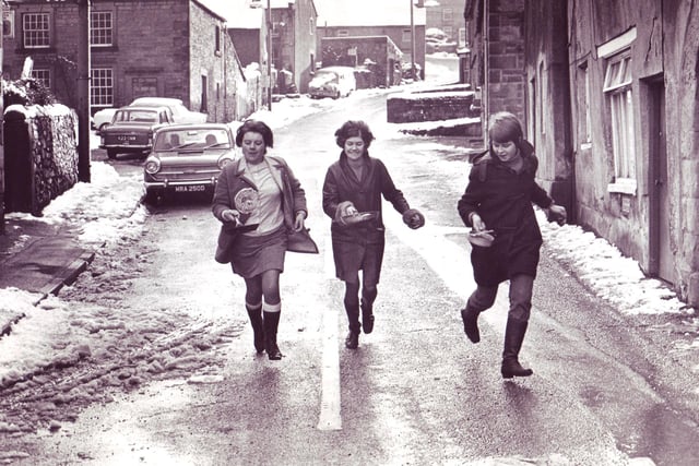 Winners of the Winster Pancake Race for Ladies - left to right Pauline Fox (1st), Carolyn Boam (3rd) and Ann Marsden (2nd), 10th Feb 1970