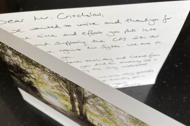 A family sent a card with a handwritten message saying how much they appreciated what Steve had done