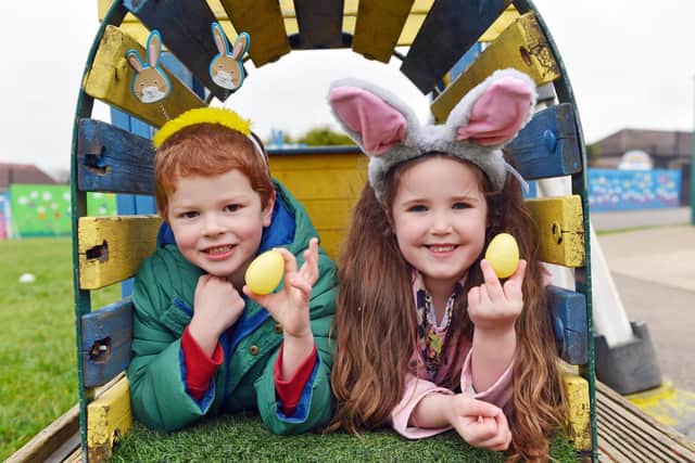 Year 1 class 3 pupils Evie Shaw and Henry Van Asch on the Easter egg hunt.