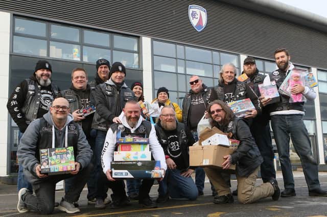 Bikers from the alliance of Chesterfield motorcycle clubs delivering Christmas toys to Chesterfield FC's stadium